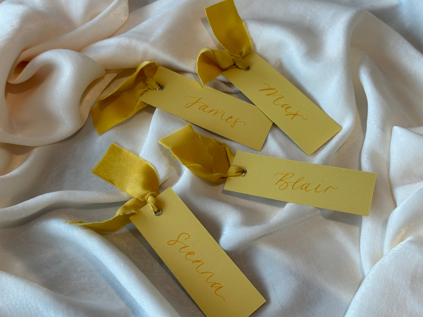 LEMON Yellow Place Card Champagne Chiffon Ribbon | Calligraphy Wedding Place Name Card | Gold or Silver Eyelet