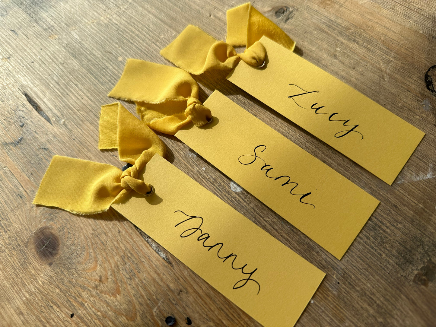 LEMON Yellow Place Card Champagne Chiffon Ribbon | Calligraphy Wedding Place Name Card | Gold or Silver Eyelet