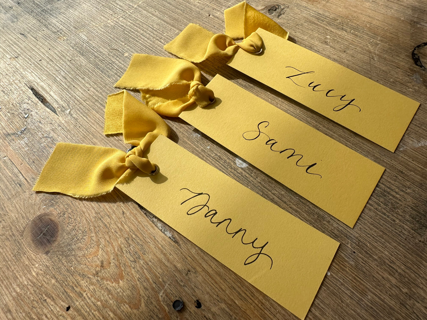 LEMON Yellow Place Card Champagne Chiffon Ribbon | Calligraphy Wedding Place Name Card | Gold or Silver Eyelet