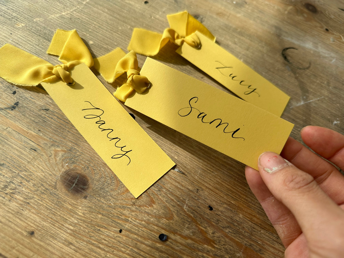 LEMON Yellow Place Card Champagne Chiffon Ribbon | Calligraphy Wedding Place Name Card | Gold or Silver Eyelet