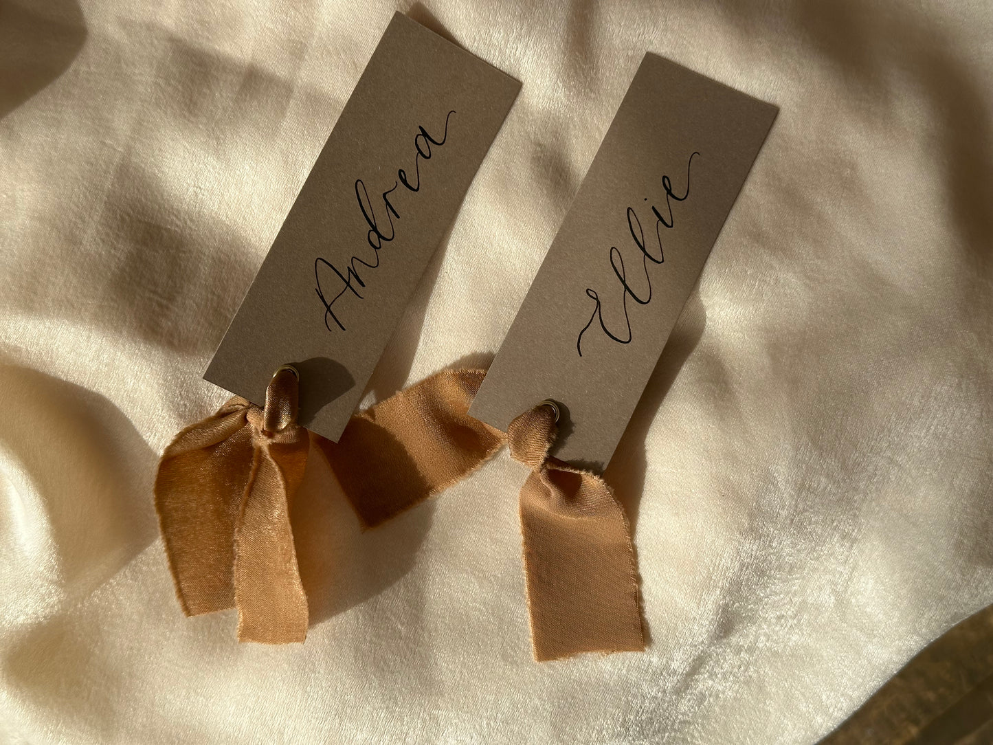 MOCHA Place Card with Chiffon Ribbon | Calligraphy Wedding Place Name Card | Gold or Silver Eyelet