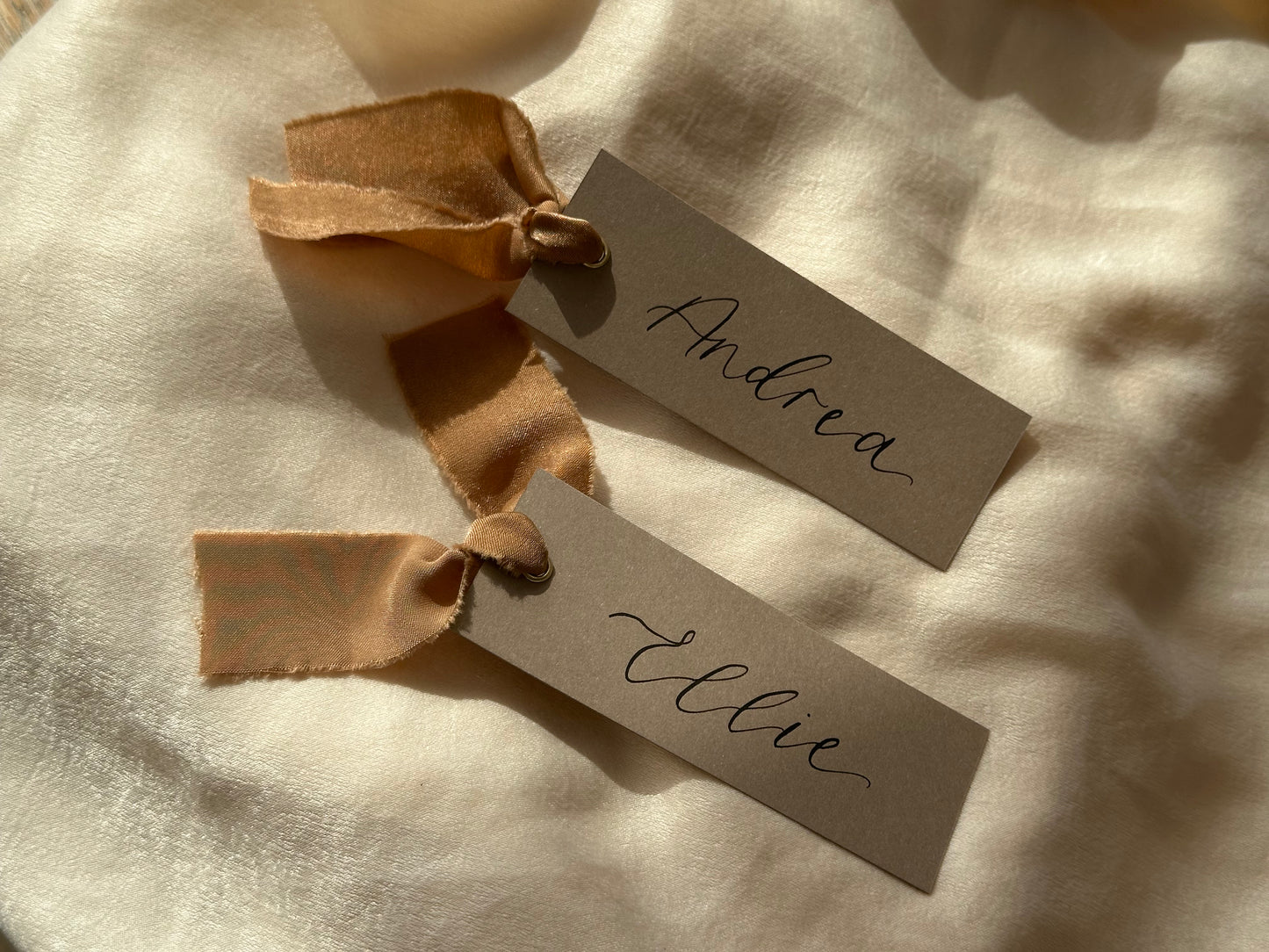 MOCHA Place Card with Chiffon Ribbon | Calligraphy Wedding Place Name Card | Gold or Silver Eyelet