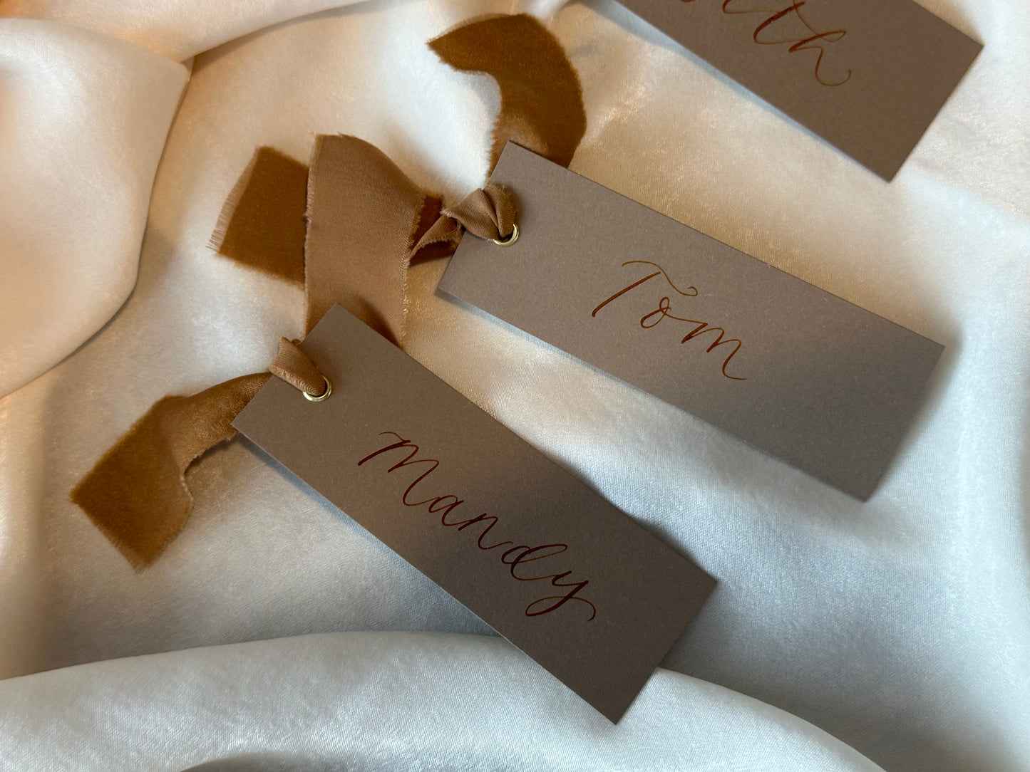 MOCHA Place Card with Chiffon Ribbon | Calligraphy Wedding Place Name Card | Gold or Silver Eyelet