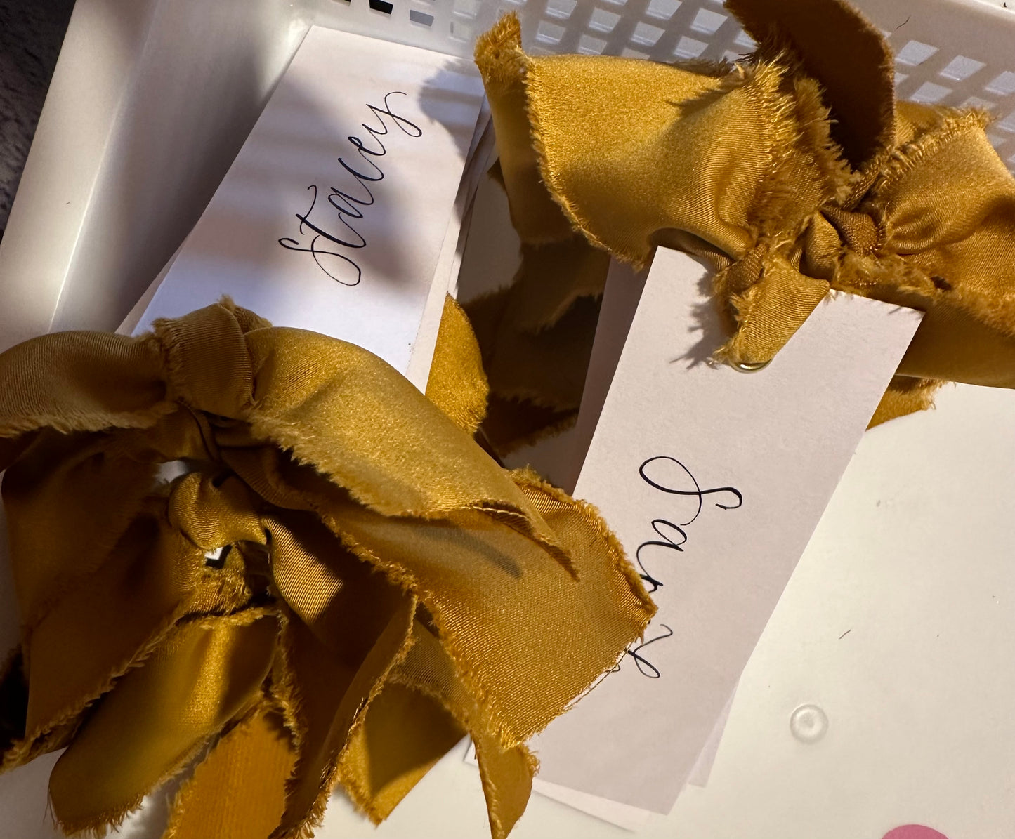 GOLD Satin Ribbon Calligraphy Place Name Card | White Calligraphy Wedding Place Name Card | Gold or Silver Eyelet