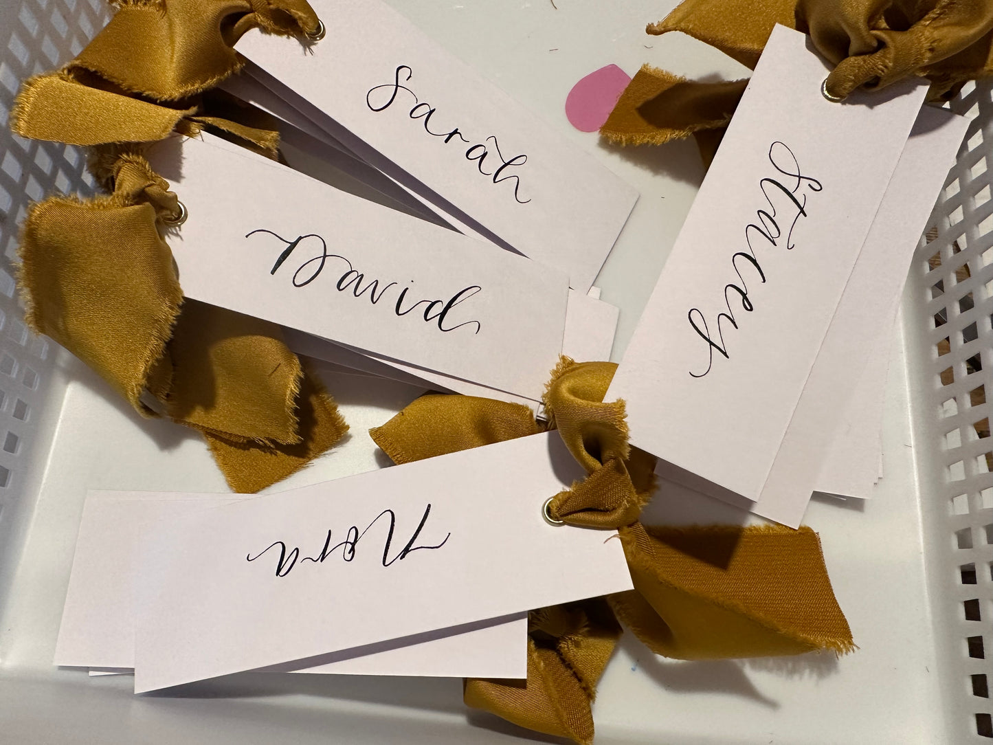 GOLD White Place Card with Satin Ribbon | Calligraphy Wedding Place Name Card | Gold or Silver Eyelet