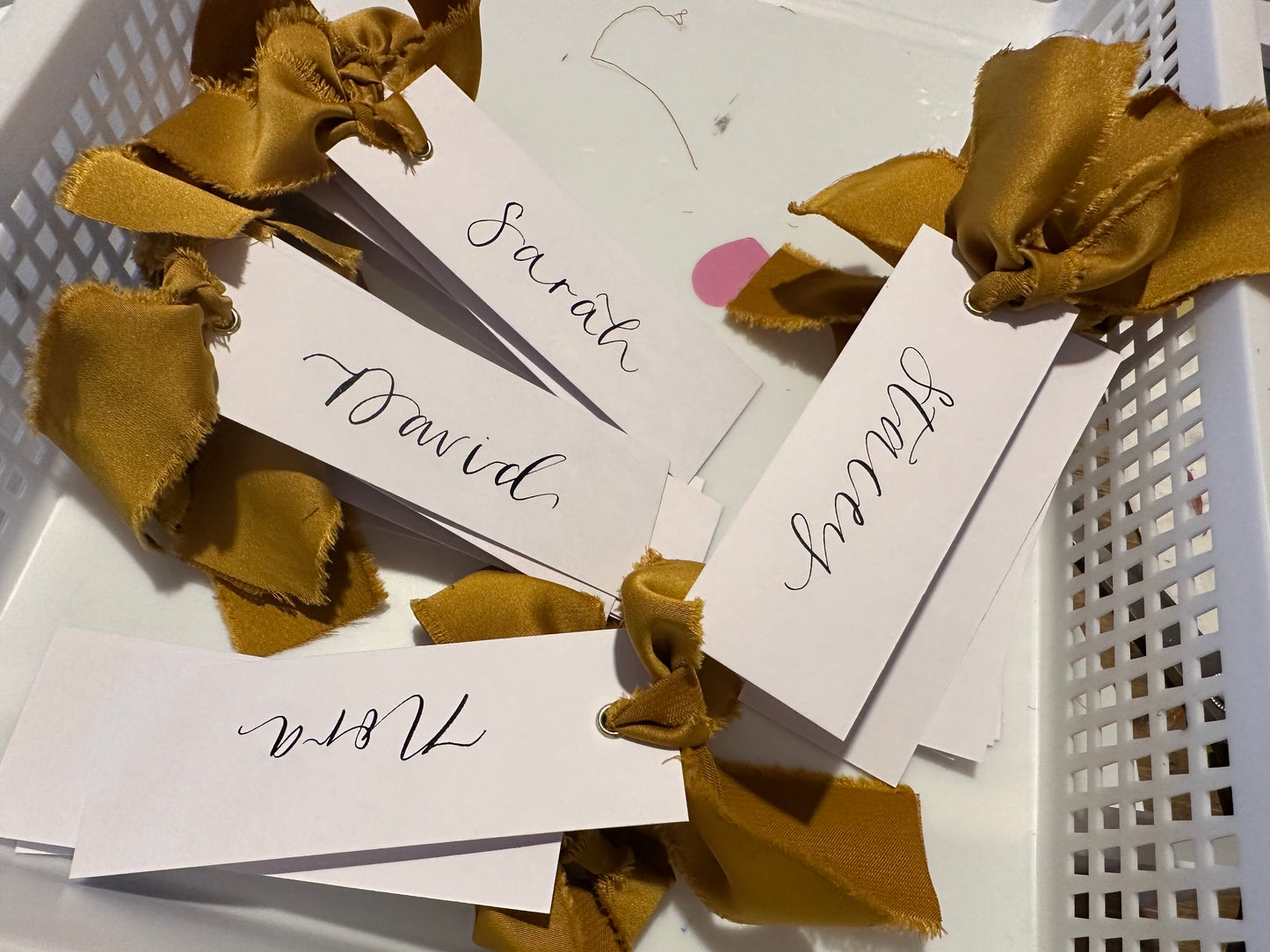 GOLD White Place Card with Satin Ribbon | Calligraphy Wedding Place Name Card | Gold or Silver Eyelet
