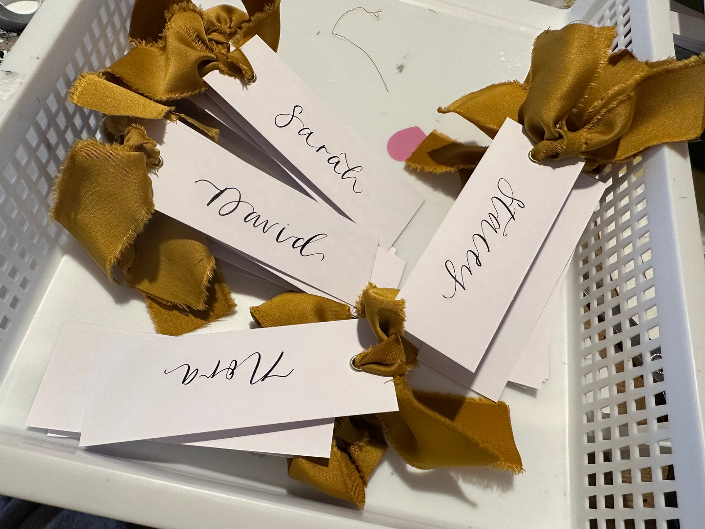 GOLD White Place Card with Satin Ribbon | Calligraphy Wedding Place Name Card | Gold or Silver Eyelet