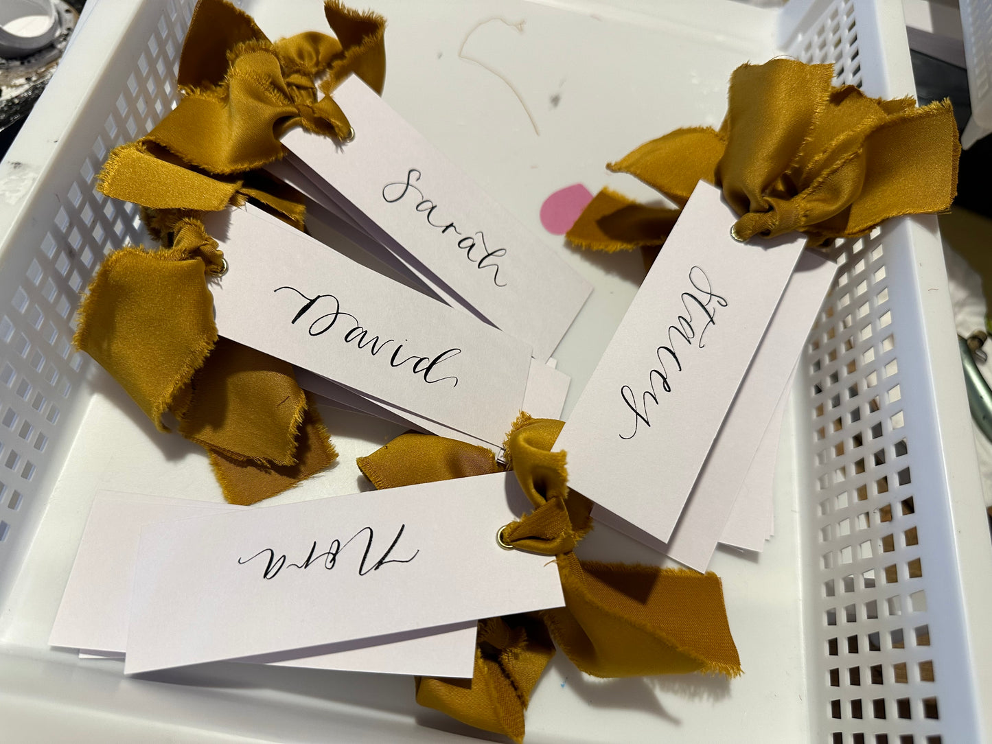 GOLD White Place Card with Satin Ribbon | Calligraphy Wedding Place Name Card | Gold or Silver Eyelet