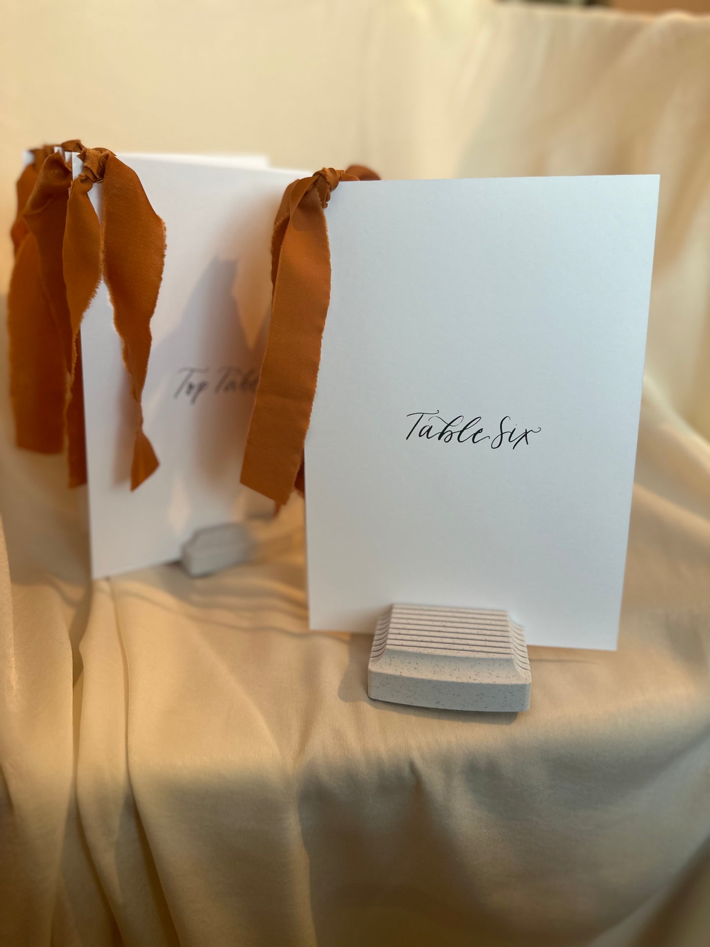 OCHRE Chiffon Ribbon Calligraphy Table Number / Table Name Card | A5 A6 Calligraphy Wedding Table Number / Table Name Card | Gold or Silver Eyelet