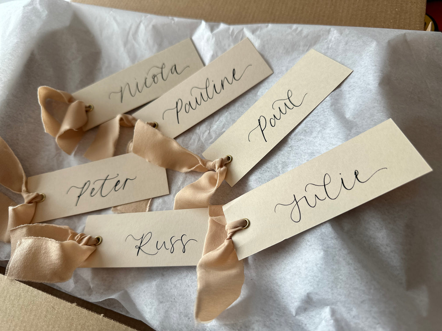 NUDE Place Card Chiffon Ribbon | Calligraphy Wedding Place Name Card | Gold or Silver Eyelet