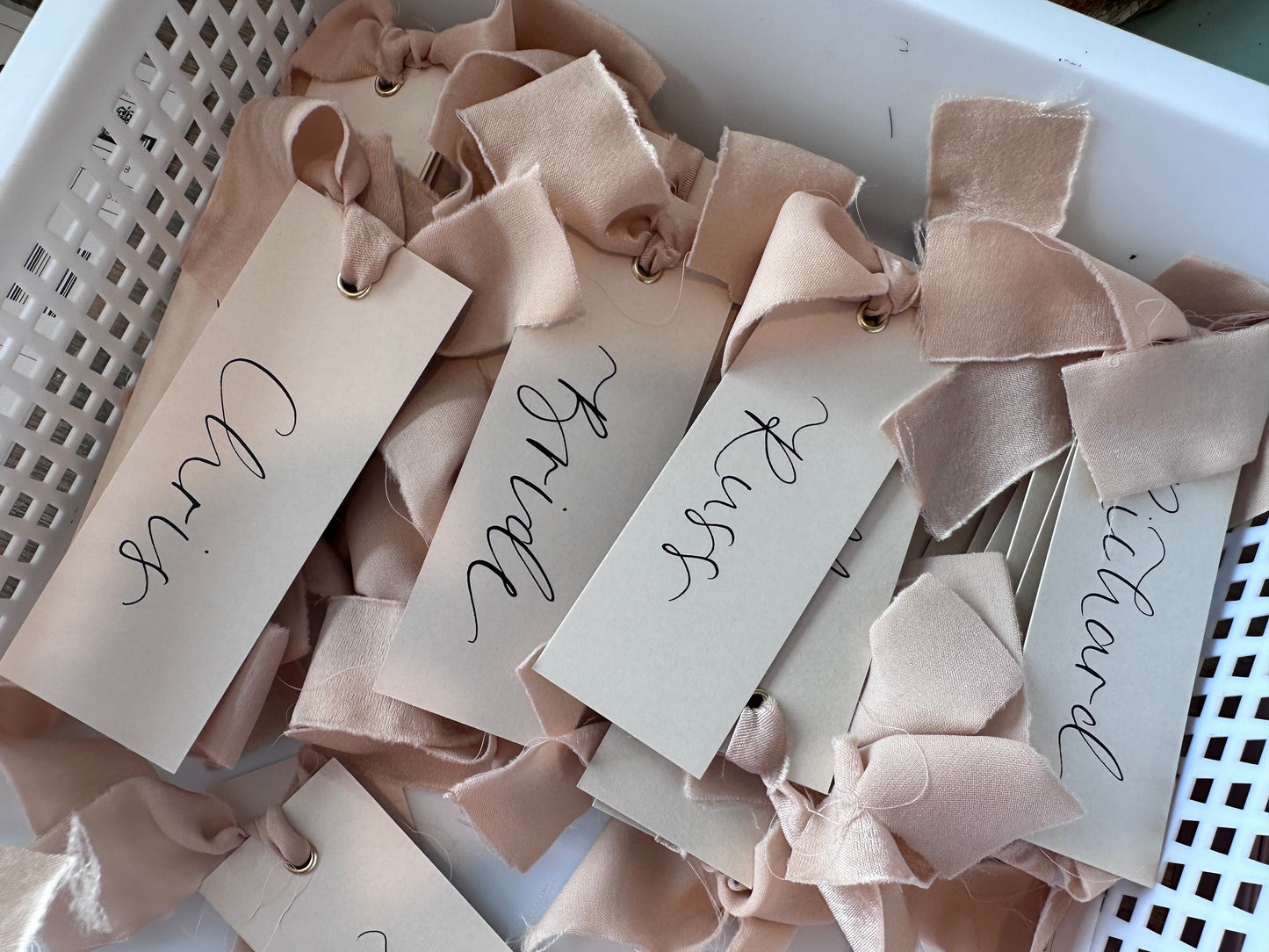 Nude Chiffon Wedding Place Cards with Ribbon | Beige Calligraphy Place Cards