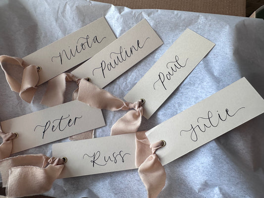 NUDE Place Card Chiffon Ribbon | Calligraphy Wedding Place Name Card | Gold or Silver Eyelet