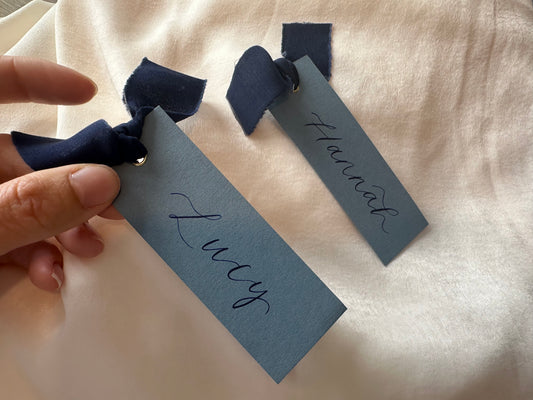 DUSKY BLUE + NAVY Place Card Chiffon Ribbon | Calligraphy Wedding Place Name Card | Gold or Silver Eyelet