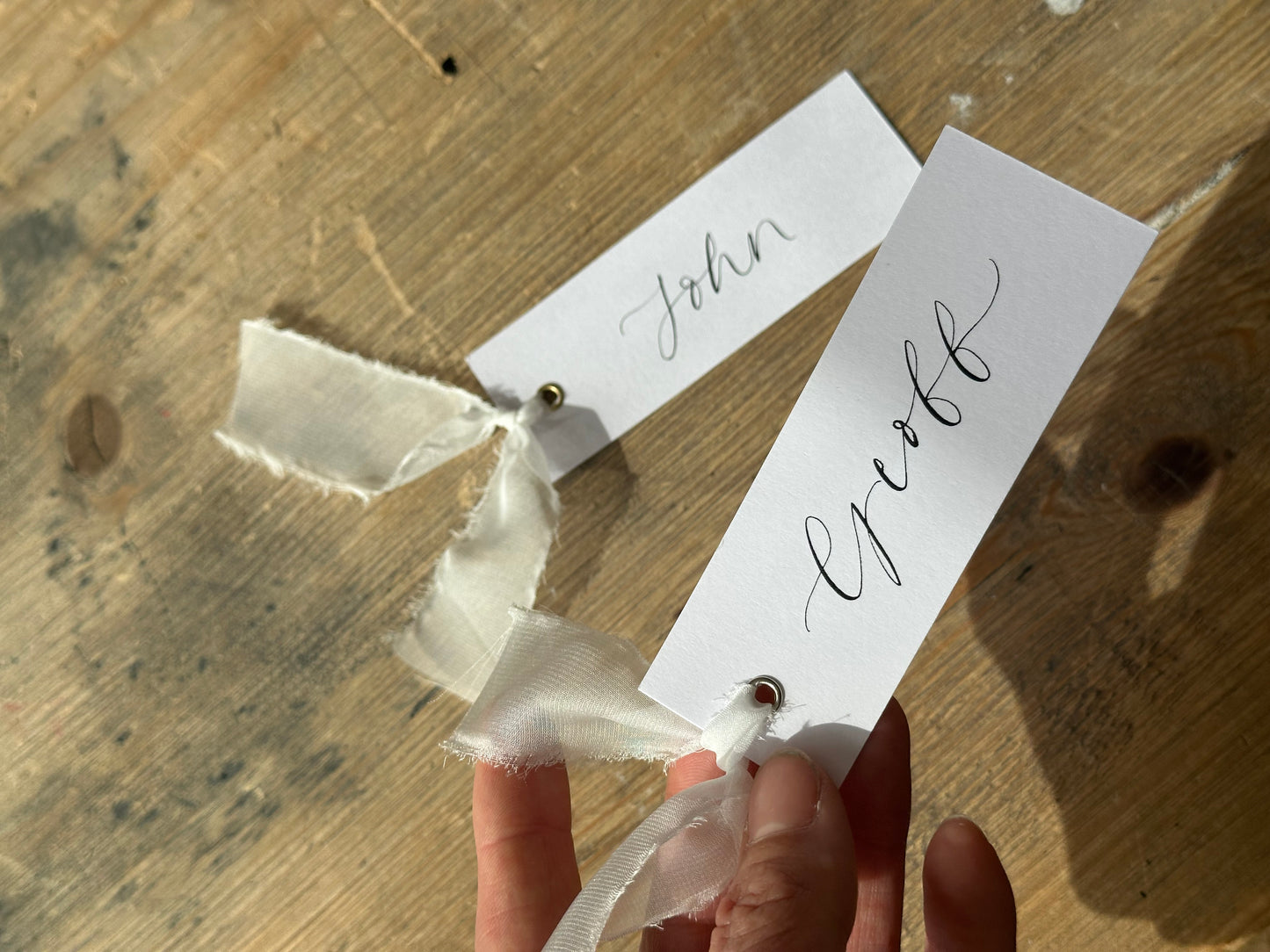WHITE Organza Calligraphy Place Name Card | White Calligraphy Wedding Place Name Card | Gold or Silver Eyelet