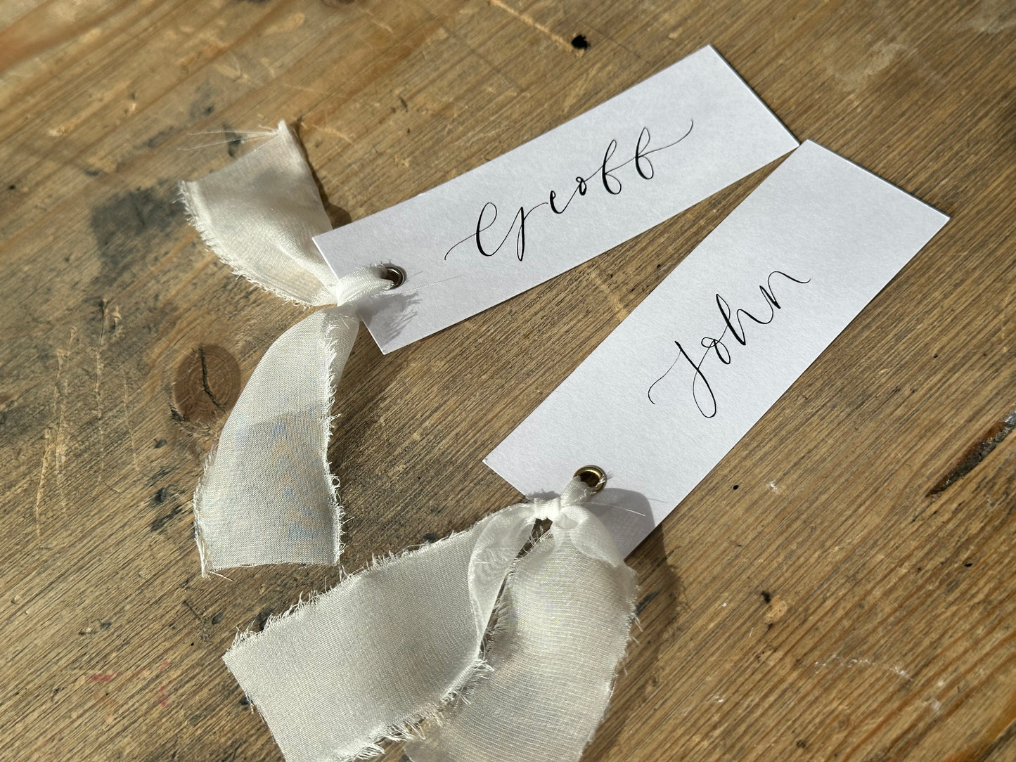 WHITE Organza Calligraphy Place Name Card | White Calligraphy Wedding Place Name Card | Gold or Silver Eyelet