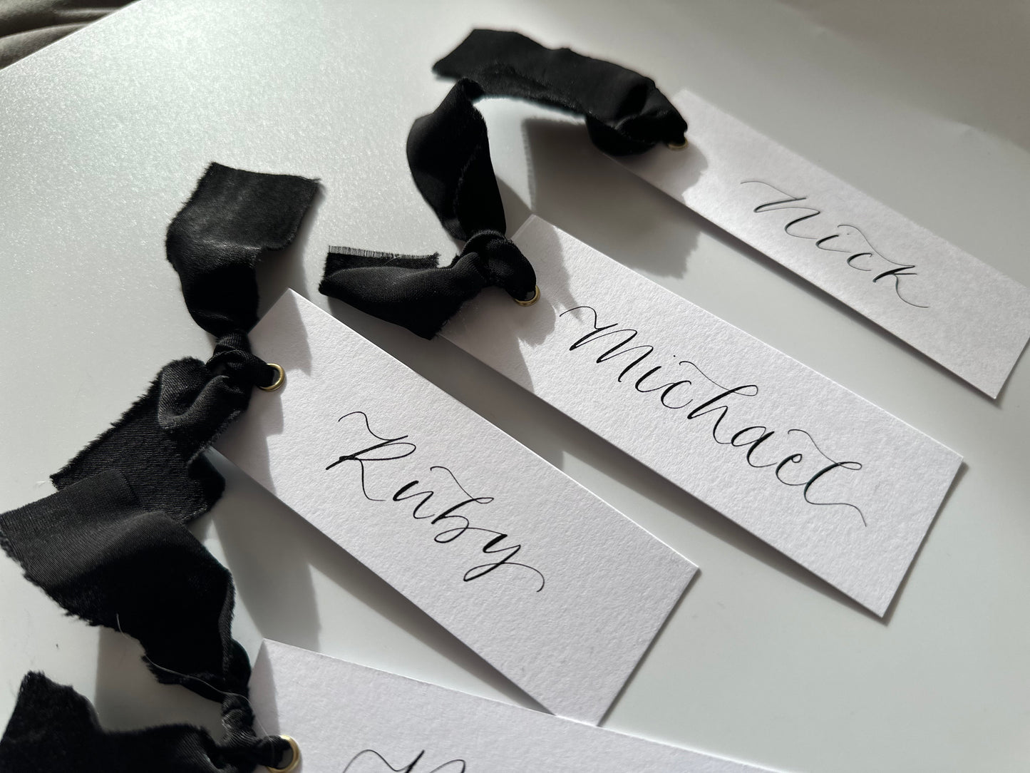 Black Wedding place cards, Table name cards, Wedding name cards, calligraphy place cards, ribbon place cards