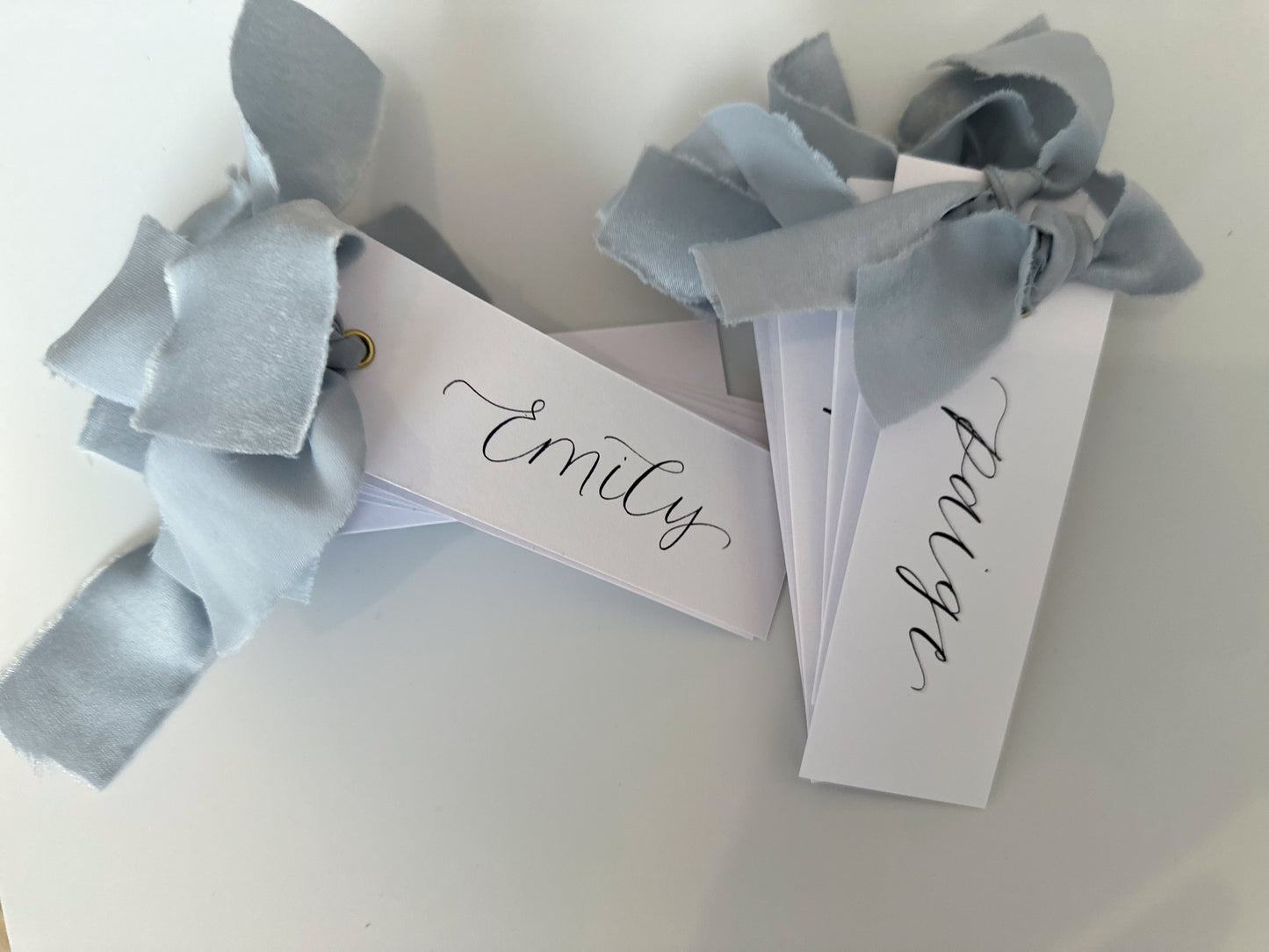 DUSKY BLUE Chiffon Ribbon Calligraphy Place Name Card | White Calligraphy Wedding Place Name Card | Gold or Silver Eyelet