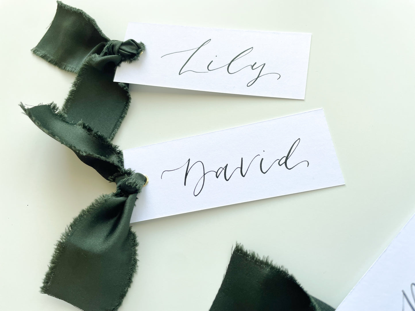 White Card with Forest Satin | Calligraphy Wedding Place Name Card | Gold or Silver Eyelet