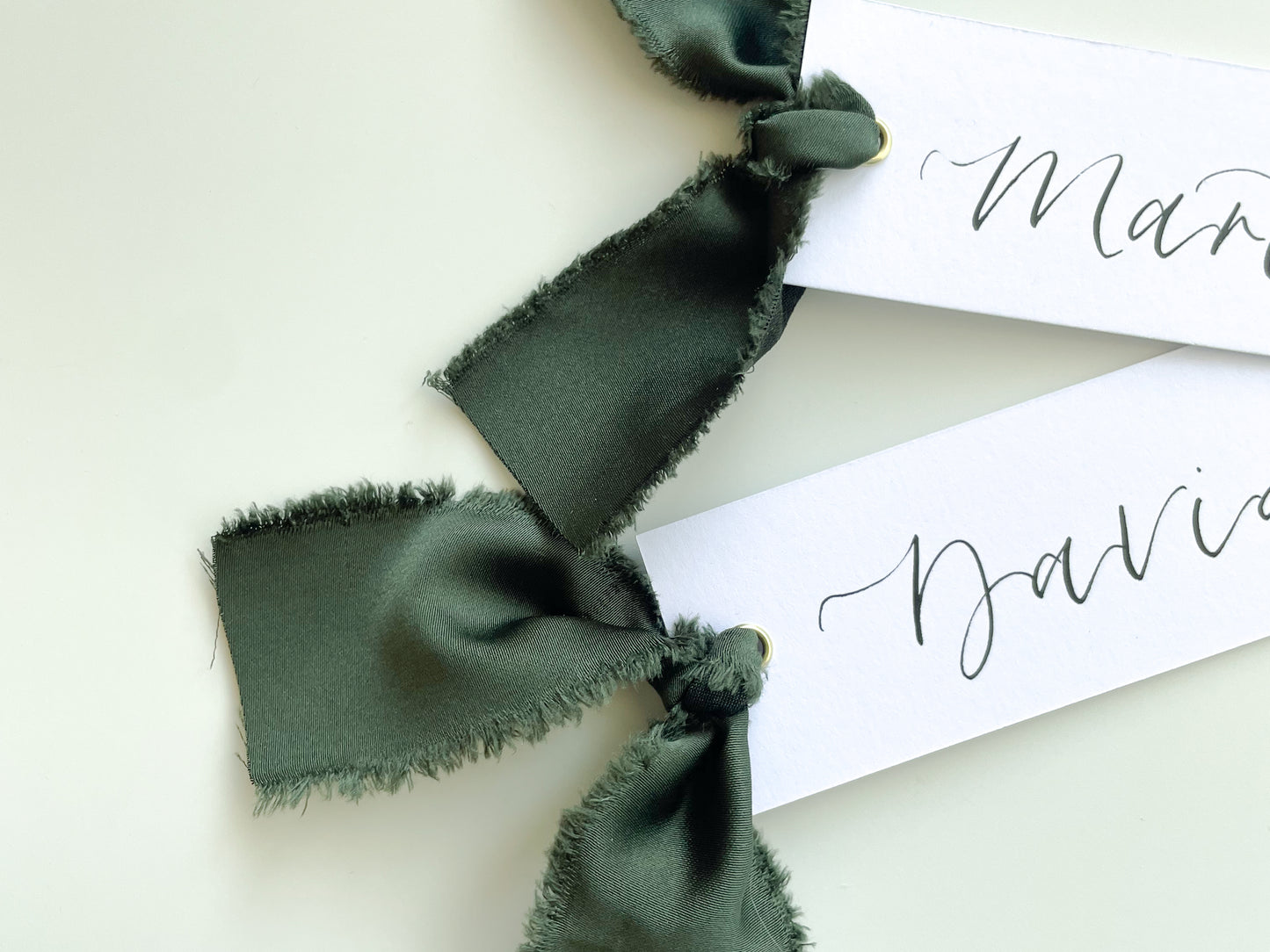 White Card with Forest Satin | Calligraphy Wedding Place Name Card | Gold or Silver Eyelet
