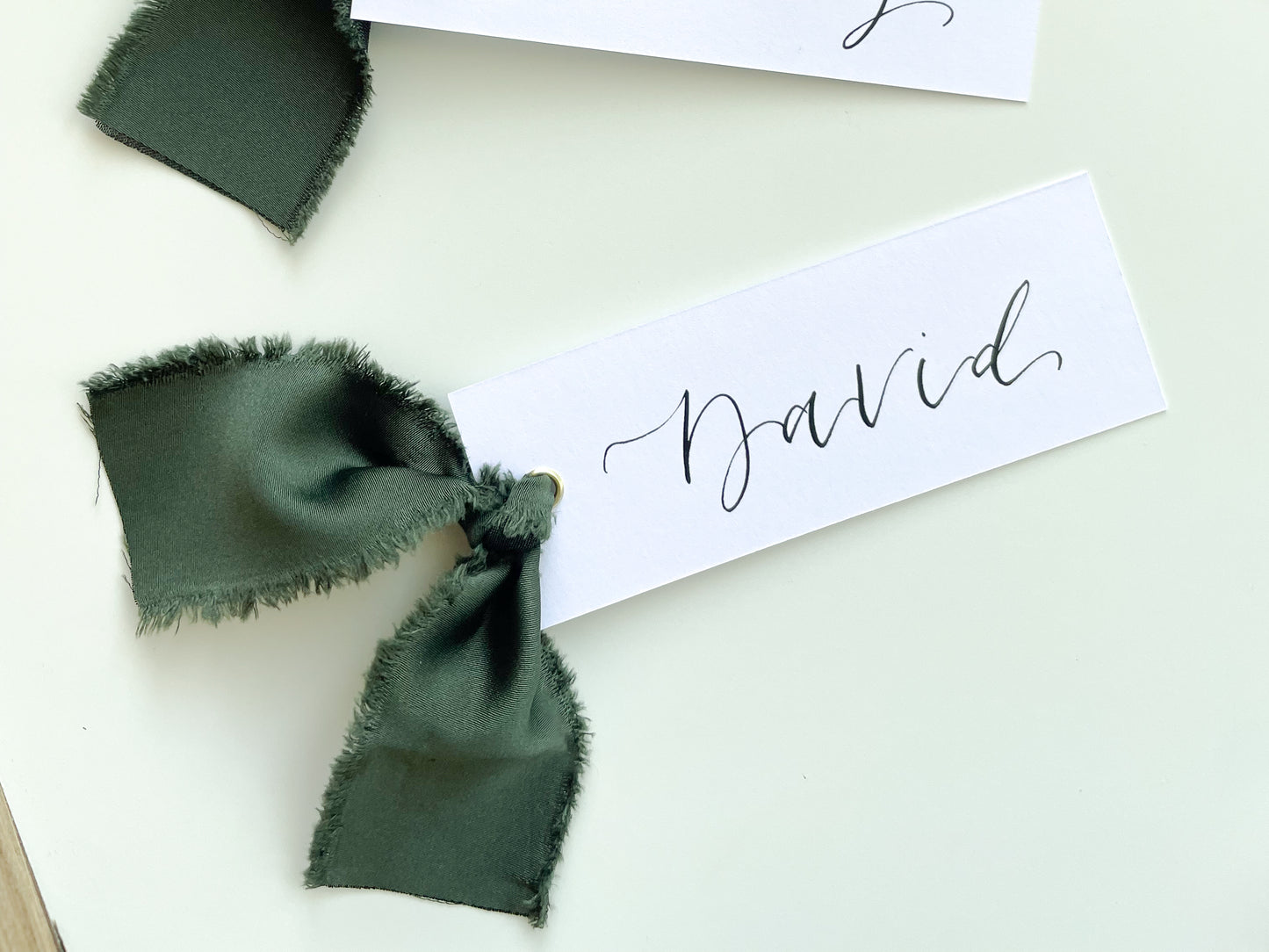 White Place Card Forest Green Satin | Calligraphy Wedding Place Name Card | Gold or Silver Eyelet