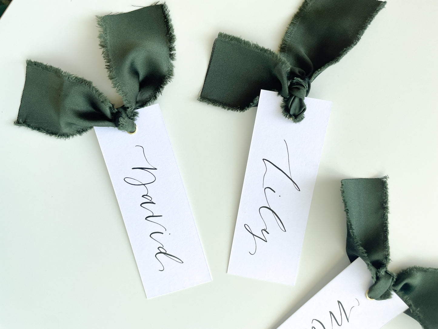 White Card with Forest Satin | Calligraphy Wedding Place Name Card | Gold or Silver Eyelet