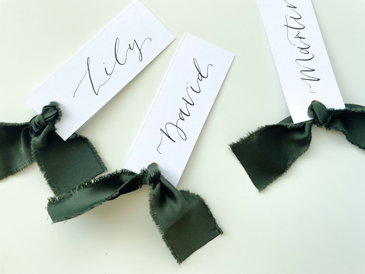 White Place Card Forest Green Satin | Calligraphy Wedding Place Name Card | Gold or Silver Eyelet