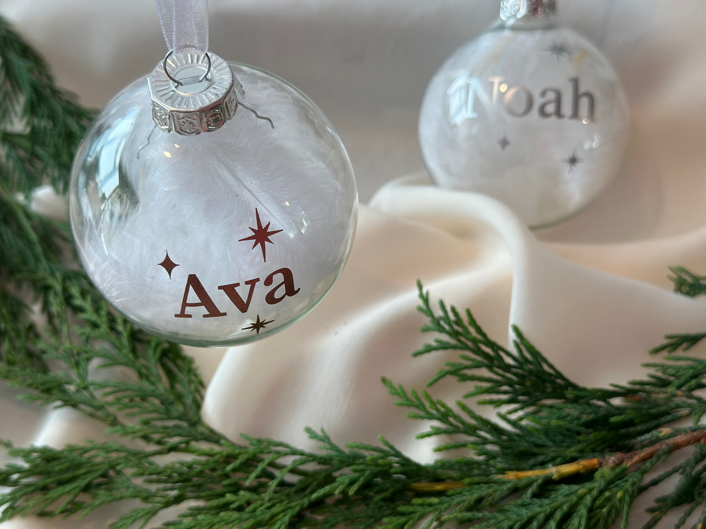 White Feather Personalised Name Glass Bauble | Star Christmas Decoration | First Christmas Bauble