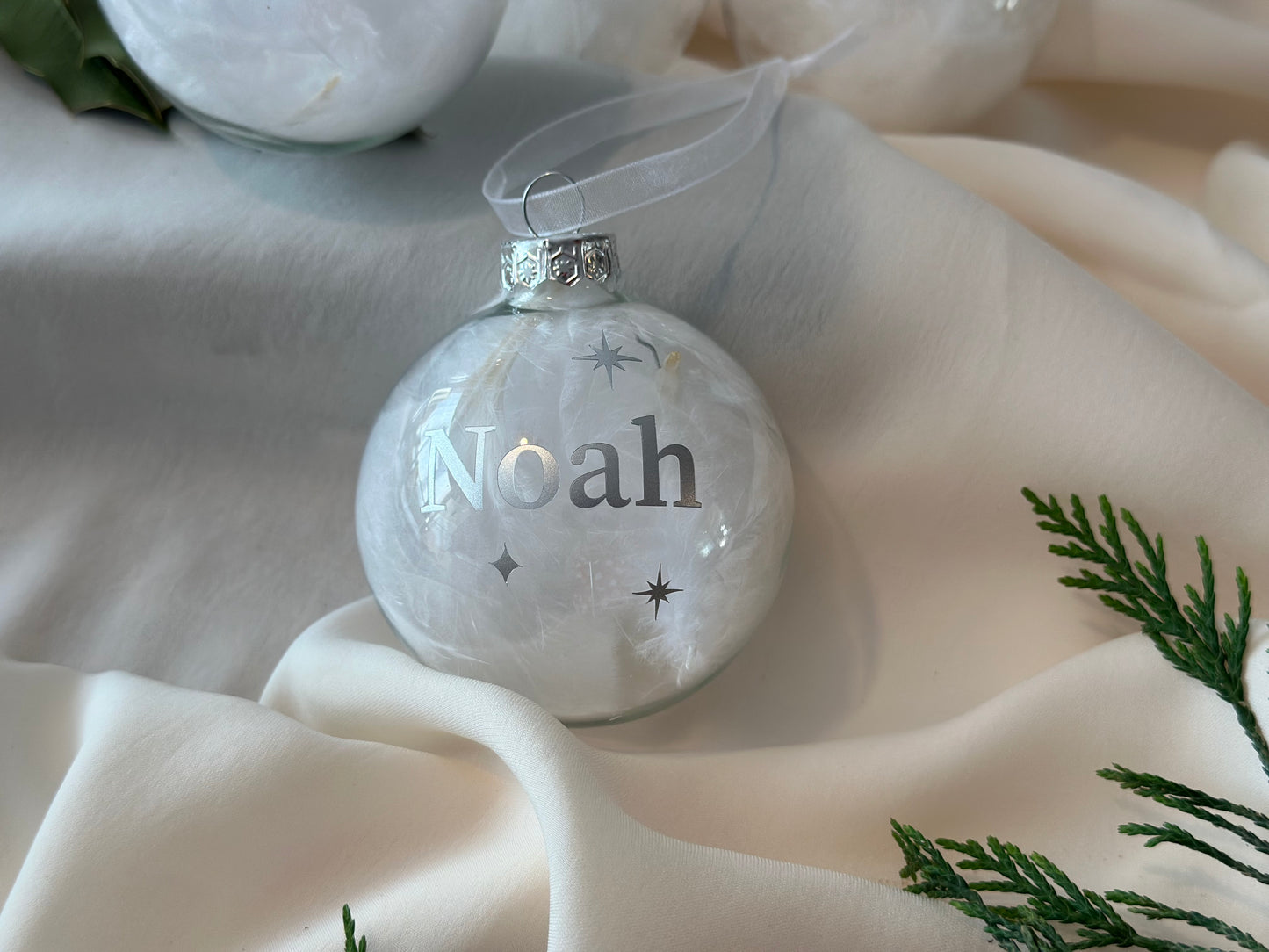 White Feather Personalised Name Glass Bauble | Star Christmas Decoration | First Christmas Bauble