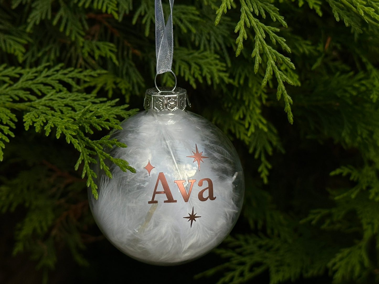 White Feather Personalised Name Glass Bauble | Star Christmas Decoration | First Christmas Bauble