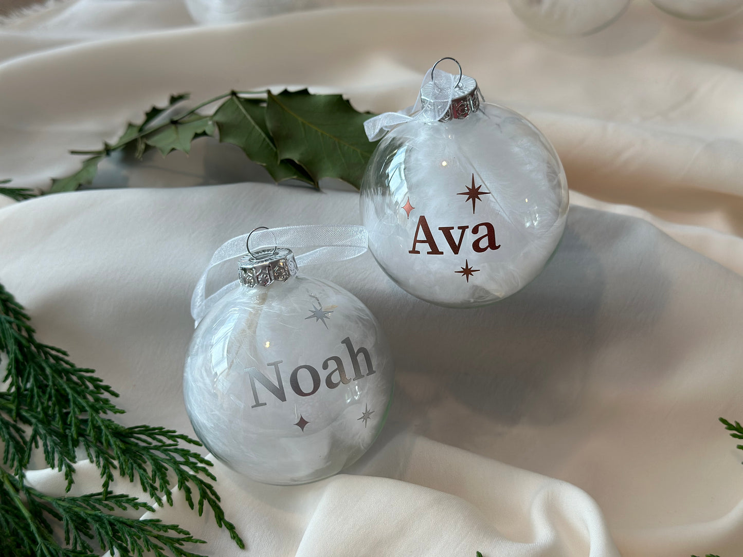 White Feather Personalised Name Glass Bauble | Star Christmas Decoration | First Christmas Bauble