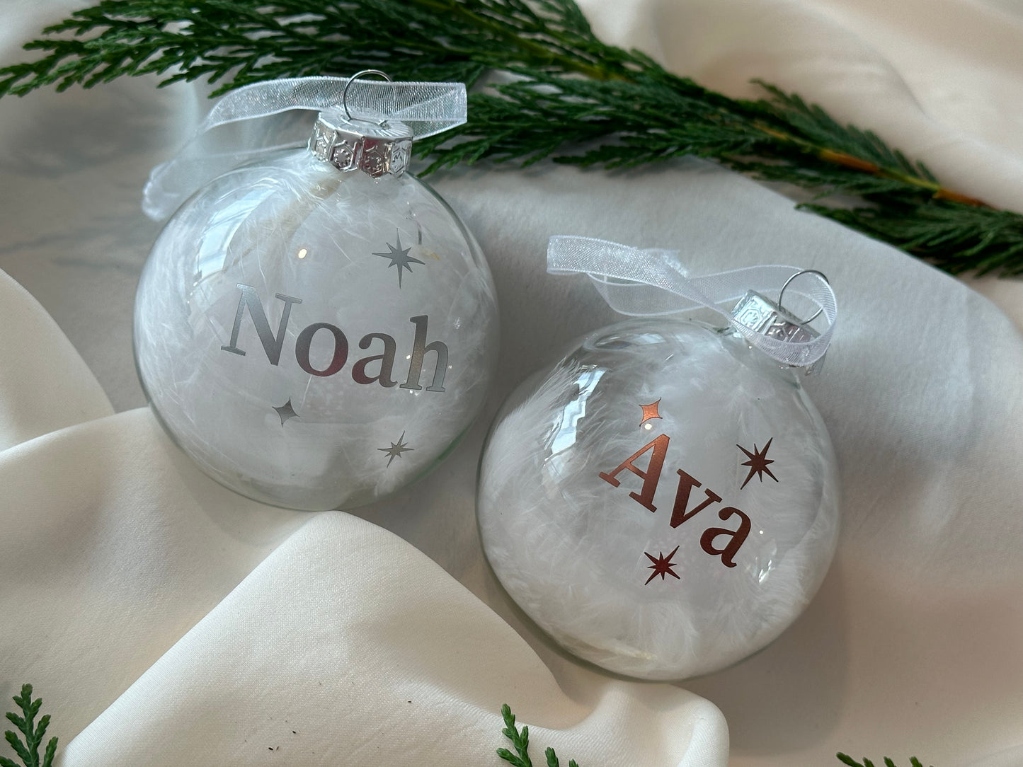 White Feather Personalised Name Glass Bauble | Star Christmas Decoration | First Christmas Bauble