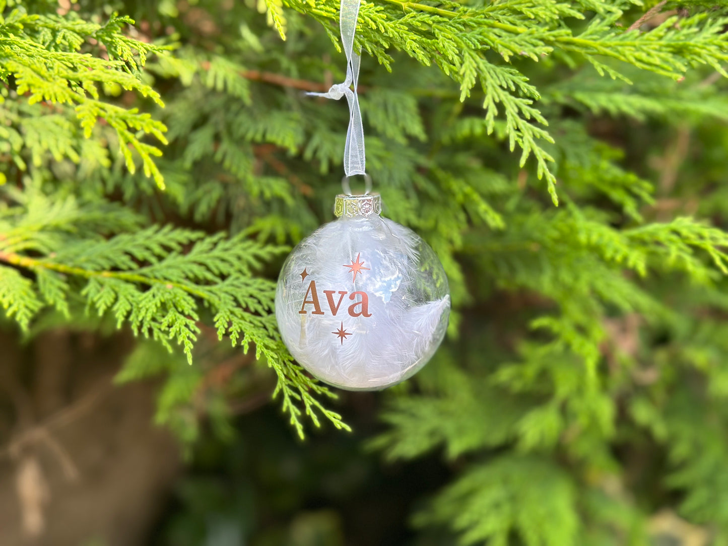 White Feather Personalised Name Glass Bauble | Star Christmas Decoration | First Christmas Bauble