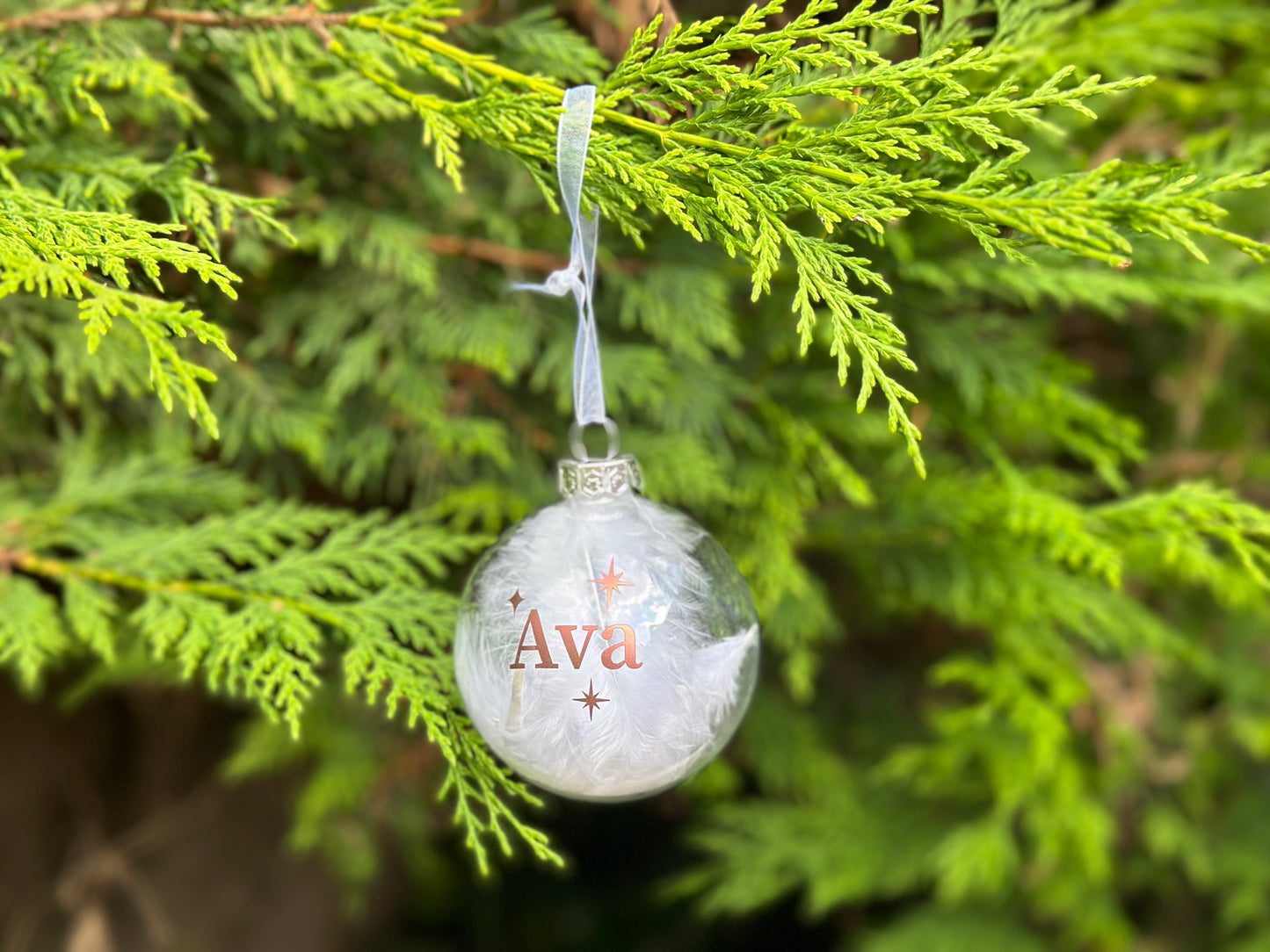 White Feather Personalised Name Glass Bauble | Star Christmas Decoration | First Christmas Bauble