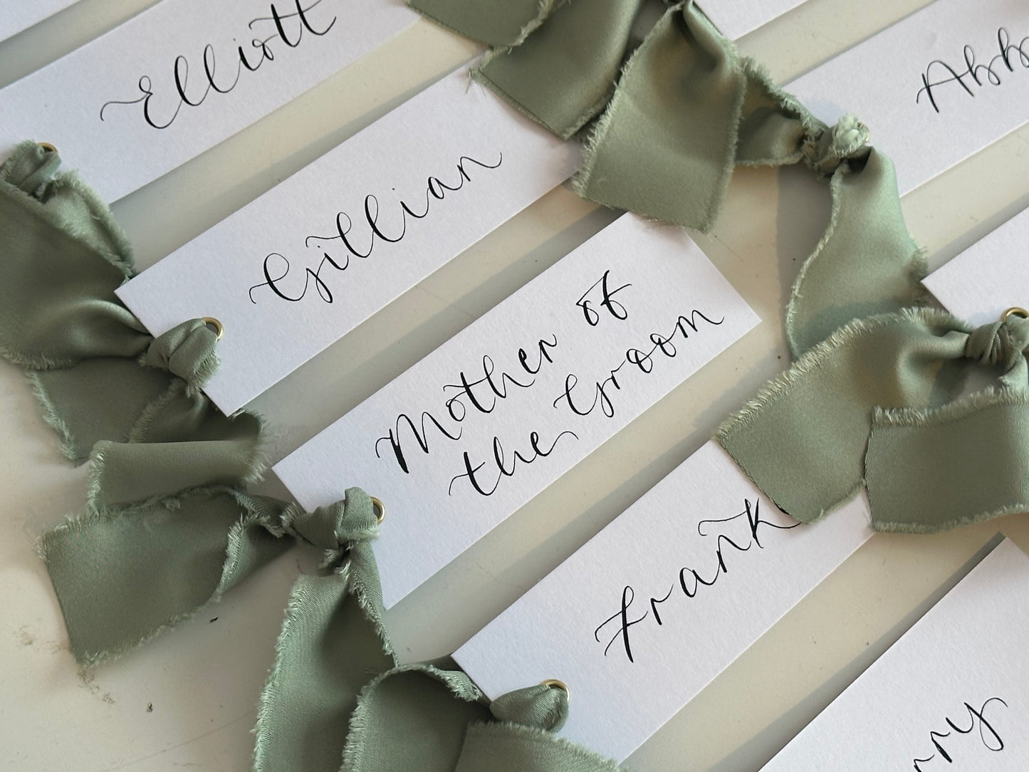SAGE Green White Place Card with Satin Ribbon | Calligraphy Wedding Place Name Card | Gold or Silver Eyelet