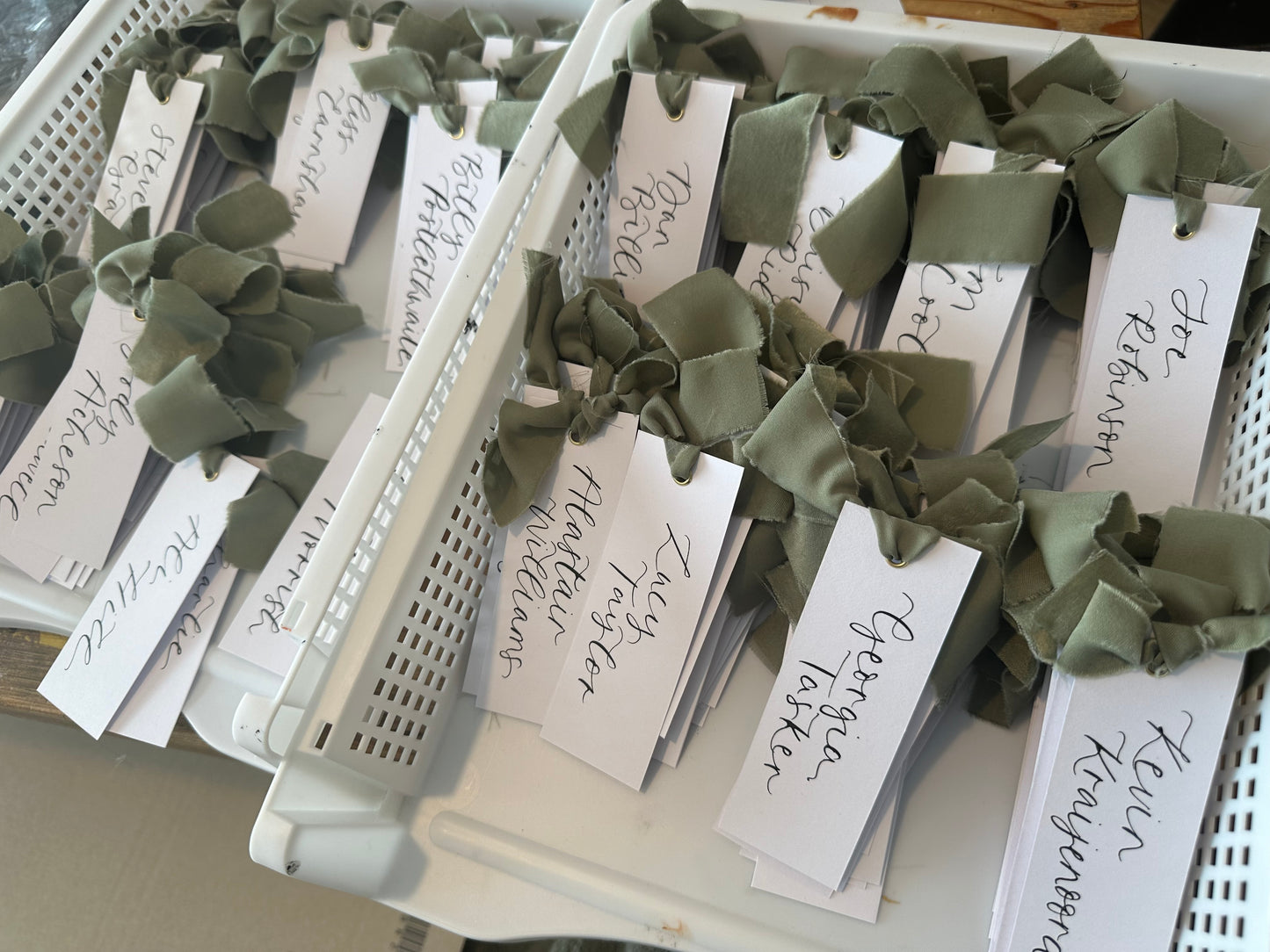 EUCALYPTUS Chiffon Calligraphy Place Name Card | White Calligraphy Wedding Place Name Card | Gold or Silver Eyelet