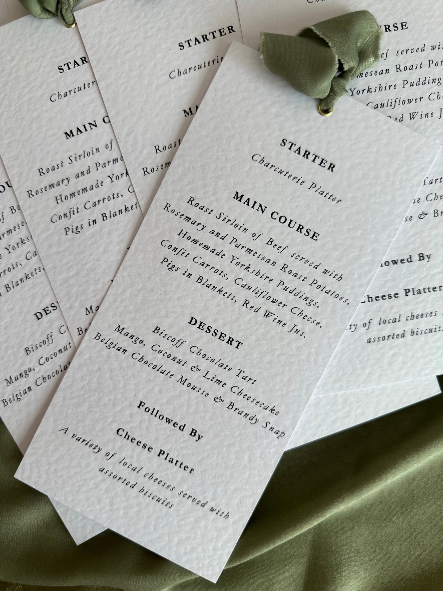 Printed Calligraphy Ribbon Skinny Menu Card | Custom Printed Calligraphy Wedding Menu Skinny Card | Gold or Silver Eyelet Menu