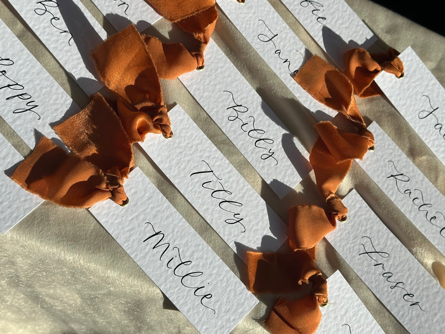 Custom Ribbon Wedding Place Cards | Hammered Card with Your Choice of Ribbon