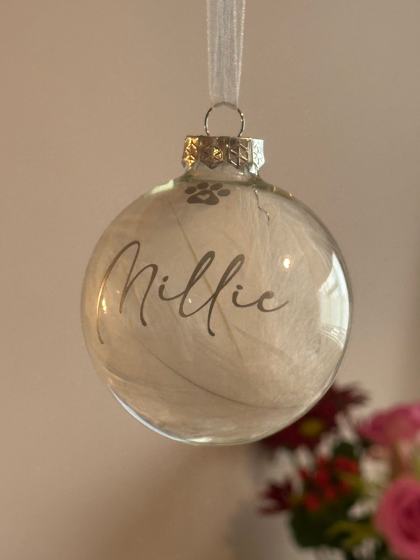 Personalised White Feather Paw Memorial Bauble: Dog, Cat, Pet Glass Remembrance Ornament
