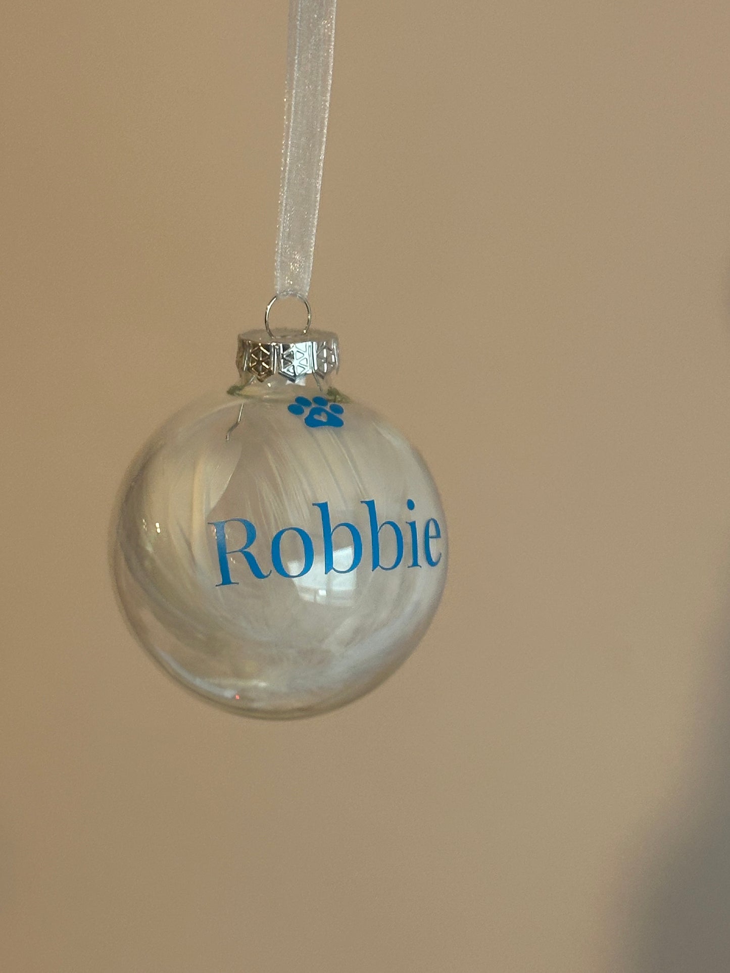 Personalised White Feather Paw Memorial Bauble: Dog, Cat, Pet Glass Remembrance Ornament