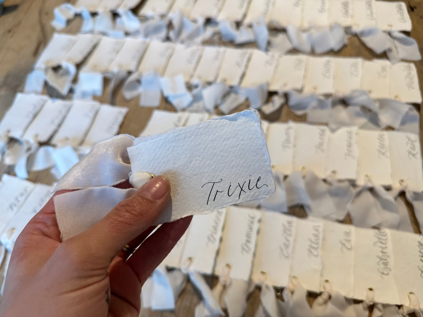 HANDMADE PAPER Place Card Chiffon Ribbon | Calligraphy Wedding Place Name Card | Gold or Silver Eyelet