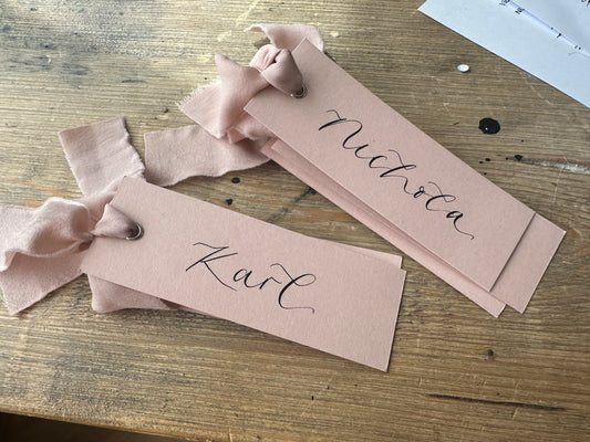 BLUSH Place Card Chiffon Ribbon | Calligraphy Wedding Place Name Card | Gold or Silver Eyelet