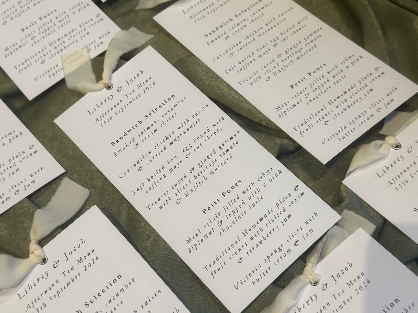 Skinny White Menu Card with Chiffon Ribbon | Printed Personalised Wedding Menu Card