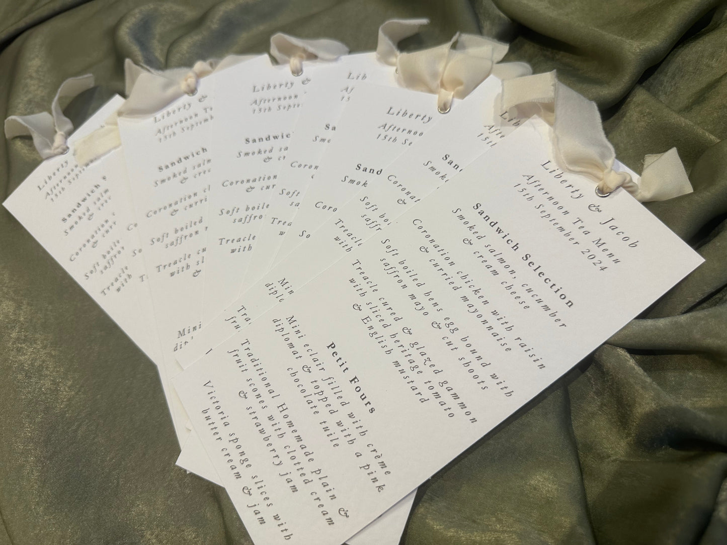 Skinny White Menu Card with Chiffon Ribbon | Printed Personalised Wedding Menu Card