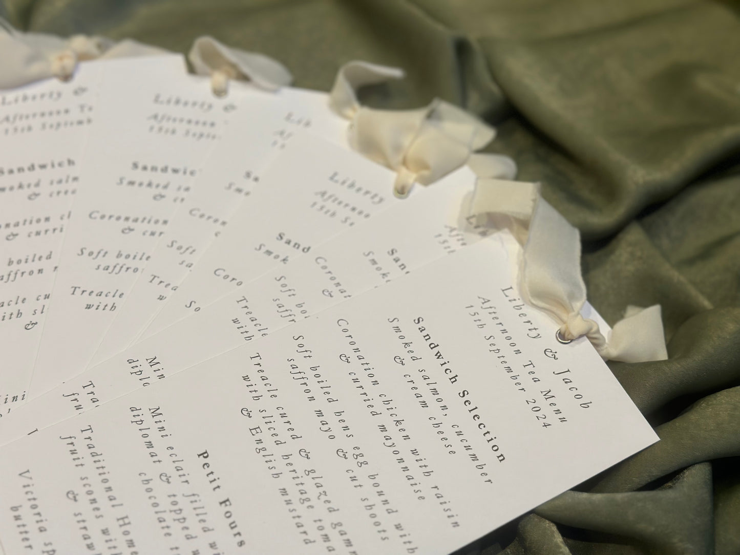 Skinny White Menu Card with Chiffon Ribbon | Printed Personalised Wedding Menu Card