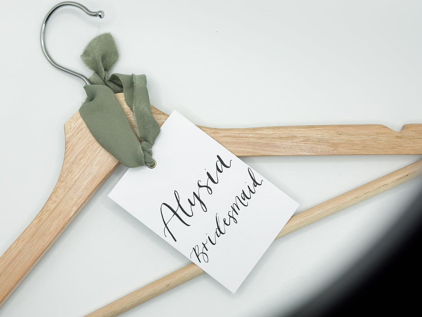 Custom Ribbon Calligraphy Wedding Hanger Tags | A7 White Card Bridal Party Name Tag Your Choice of Ribbon