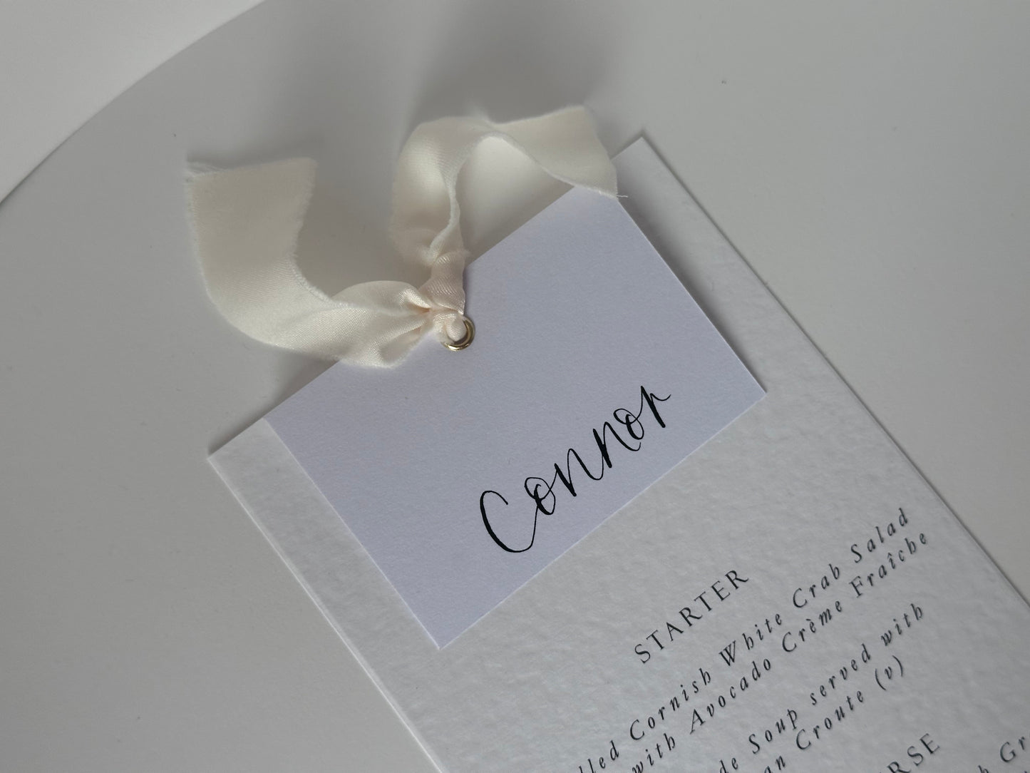 Place Card Wedding Menu with Ribbon | Hammered Skinny Printed Calligraphy Menu