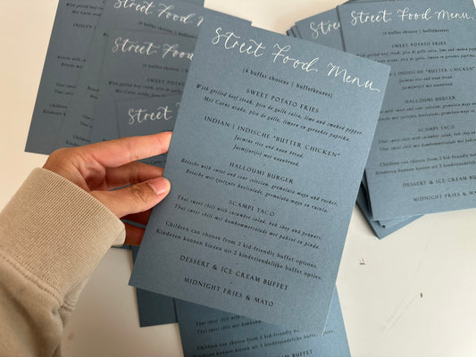 DUSKY BLUE Calligraphy Title Printed Menu | Custom Printed Calligraphy Wedding Menu Card | A5 Menu Sign