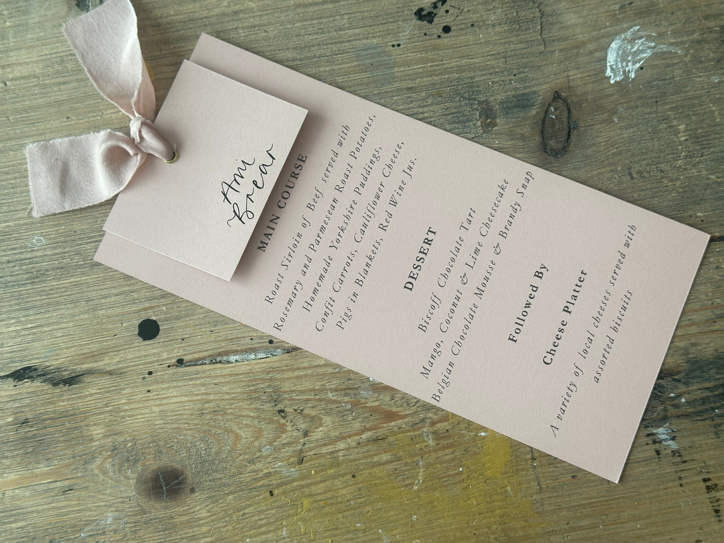 Place Card Wedding Menu with Ribbon | Skinny Printed Calligraphy Menu