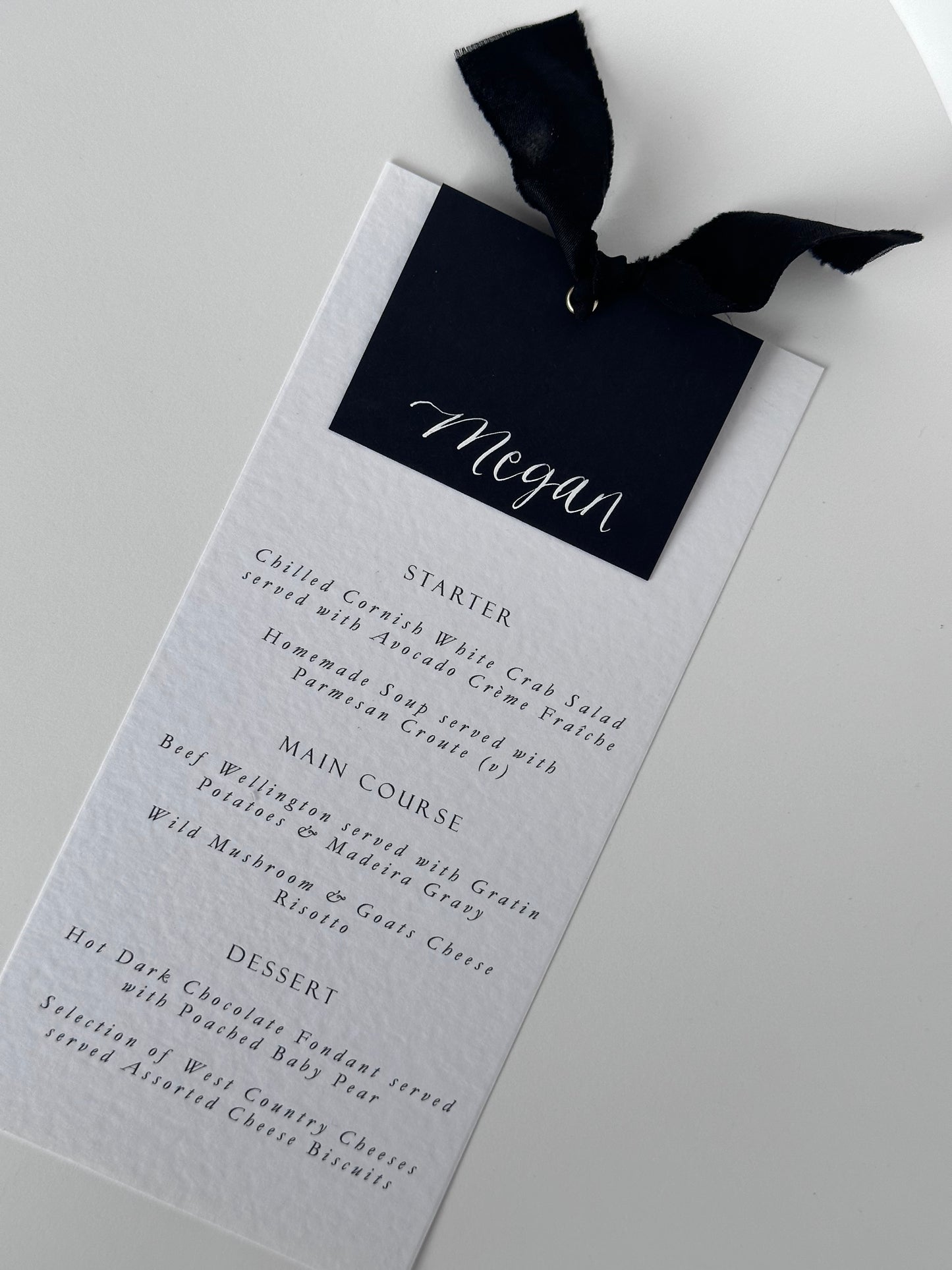 BLACK Chiffon Place Card Printed Calligraphy Ribbon Menu | Custom Printed Calligraphy Wedding Menu Card | Gold or Silver Eyelet Menu