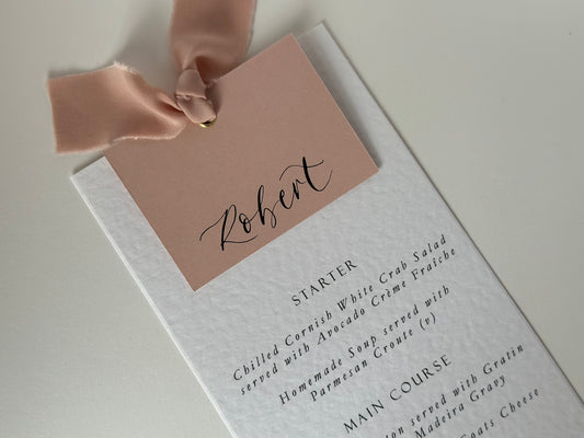 BLUSH Pink Chiffon Place Card Printed Calligraphy Ribbon Menu | Custom Printed Calligraphy Wedding Menu Card | Gold or Silver Eyelet Menu